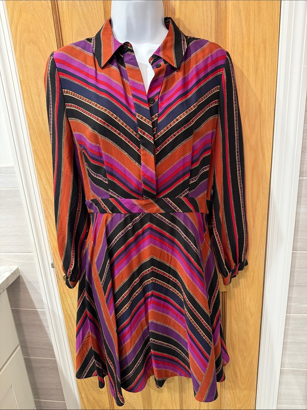Diane Von Furstenberg Chevron-Stripes Shirt Dress in Purple, Black & Rust